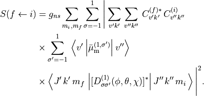 \begin{split}
   S(f \leftarrow i) &= g_{ns}  \sum_{m_i,m_f} \sum_{\sigma=-1}^1 \Bigg\vert  \sum_{v' k'}  \,  \sum_{v'' k''}  \,
    {C_{v' k'}^{(f)*}} \,  C_{v'' k''}^{(i)}\\
    & \times  \sum_{\sigma'=-1}^1 \,   \left\langle  v' \left\vert \bar\mu_{\rm m}^{(1,\sigma')}  \right\vert  v''  \right\rangle \\
    &\times  \left\langle J' \, k' \, m_f \,  \left\vert [D_{\sigma\sigma'}^{(1)} (\phi,\theta,\chi)]^* \right\vert    J'' \, k'' \, m_i \, \right\rangle \Bigg\vert^2.
  \end{split}