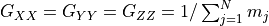 G_{XX} = G_{YY} = G_{ZZ} = 1 / \sum_{j=1}^N m_j
