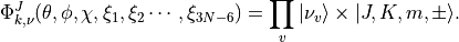 \Phi_{k,\nu}^J(\theta,\phi,\chi,\xi_1,\xi_2\cdots, \xi_{3N-6}) = \prod_{v} |\nu_v \rangle \times |J,K,m,\pm \rangle.