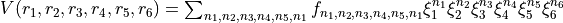 V(r_1,r_2,r_3,r_4,r_5, r_6) = \sum_{n_1,n_2,n_3,n_4,n_5,n_1} f_{n_1,n_2,n_3,n_4,n_5,n_1} \xi_1^{n_1} \xi_2^{n_2} \xi_3^{n_3} \xi_4^{n_4} \xi_5^{n_5} \xi_6^{n_6}