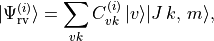 \vert  \Psi_{\rm rv}^{(i)} \rangle = \sum_{v k } C_{v k}^{(i)} \, |v\rangle |J \, k, \, m\rangle ,